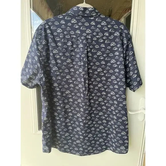 Eddie Bauer Shirt Mens XL Button Up Blue Short Sleeve Camp Tent All Over Print - Picture 6 of 8